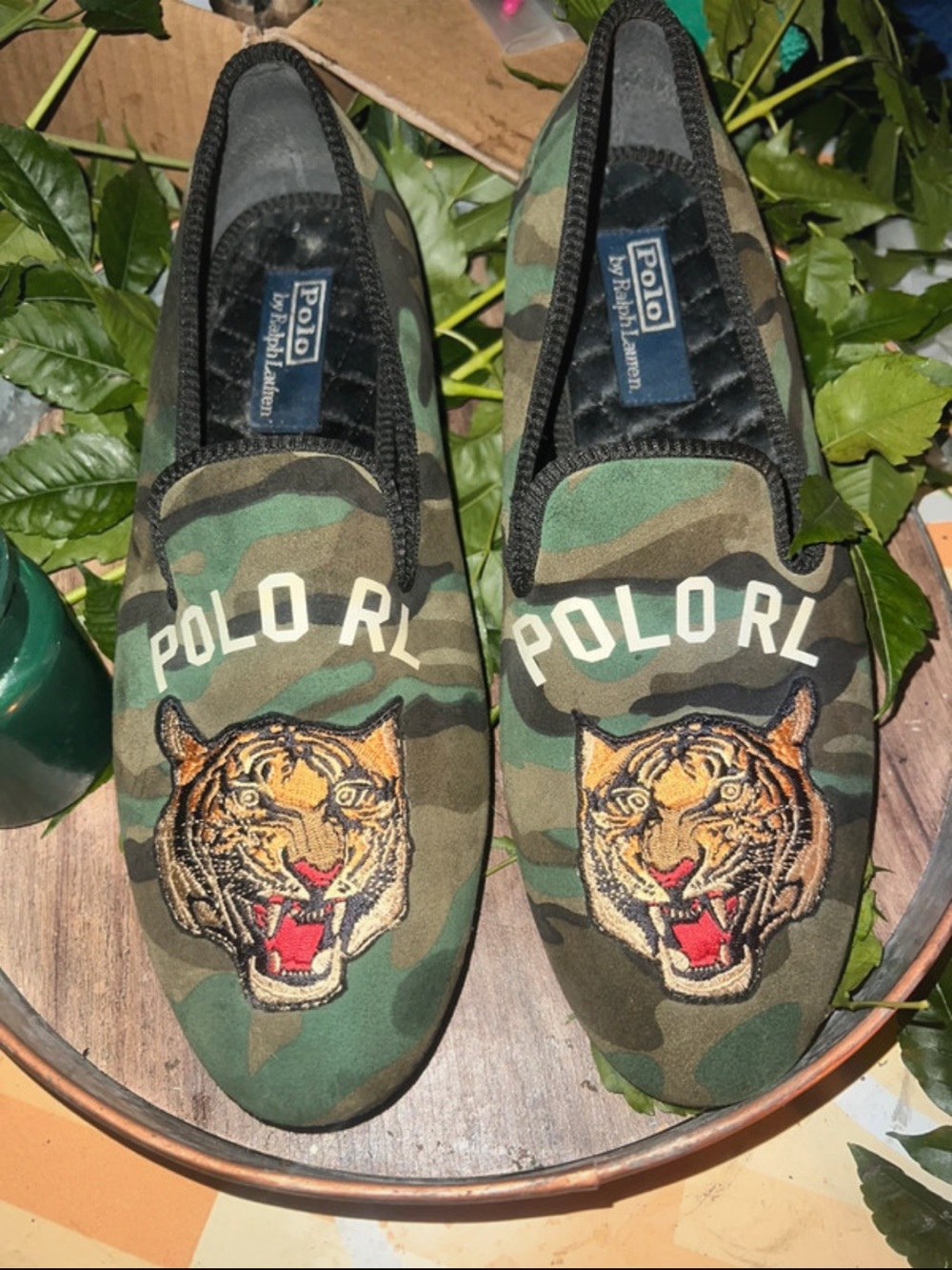 Polo by Ralph Lauren Green Camo Slip-On Loafers with Embroidered Tiger